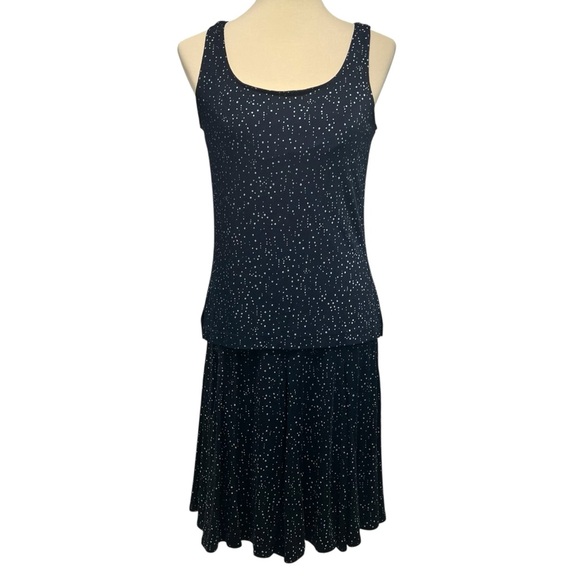 Chico’s Additions 3 Piece Slinky Navy Blue Dot Tank Skirt & Tie Waist Jacket 4/6 - Picture 12 of 16